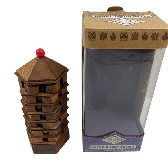 True Genius Wooden Aztec Ghost Tower Puzzle Brain Teaser Ages 8+ Difficulty 34g - Picture 1 of 9